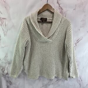 Vintage Eddie Bauer Sweater Womens Large Boxy V Neck 90s Fisherman Shawl Collar